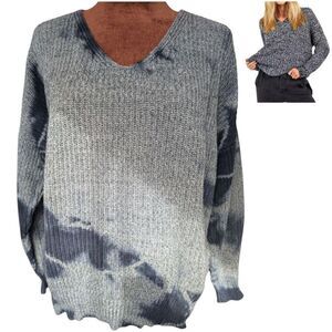 LINE Unique Tie Dye 💯 % Cotton Gray Rib Knit Sweater Size S Baggy Fit
